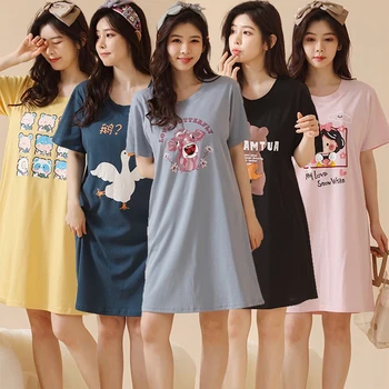 2022 v Lete Plus Veľkosť Roztomilý Kreslený Krátky Rukáv Bavlna Nightgowns pre Ženy kórejský Sleepwear Noc Šaty Nightdress Domov Nighty