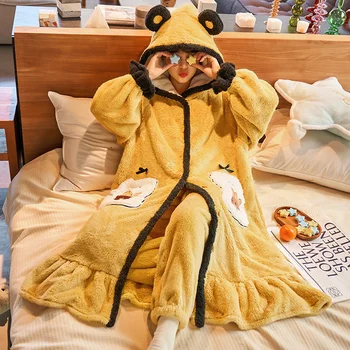 FUNISHI Inspissate Coral Fleece Cartoon Nightdress Zimné Pyžamo Voľné Verzia s Kapucňou Ženy Sleepwear Plus Veľkosť Pajama Nastaviť