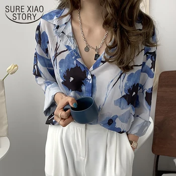Bežné Topy Mujer 2021 Jeseň Nové Tričko s Dlhým Rukávom Ženy Elegantný Kvetinový Tričko Zase dole Golier Vintage kórejské Oblečenie Blusas 15712