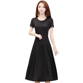 Bežné Krátky Rukáv Midi Šaty Žien 2022 Nové Slim Kórejský Módne Letné Šaty O-Krku Žena Šaty Vintage