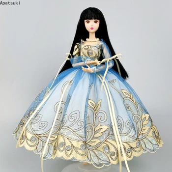 Blue Golden Ručné Princezná Šaty Pre Bábiku Barbie Oblečenie, Oblečenie 1/6 Bábiky, Príslušenstvo Lístkového Rukáv Bowknot Party Šaty Dieťa Hračku