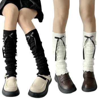 Bežné Pletený Rebrovaný Leg Warmer Dlhé Ponožky Ženy Harajuku Roztomilý Páse S Nástrojmi Bowknot Rozstrapatené Lem Roztiahnuť Nohy Kryt Boot Putá